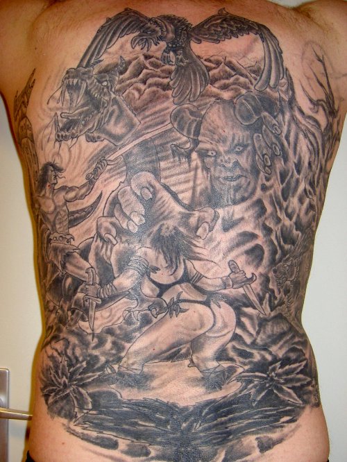 Amazing Grey Ink Goblin Tattoo On Back Body