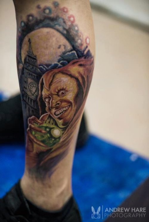 Awesome Colored Goblin Tattoo On Left Leg