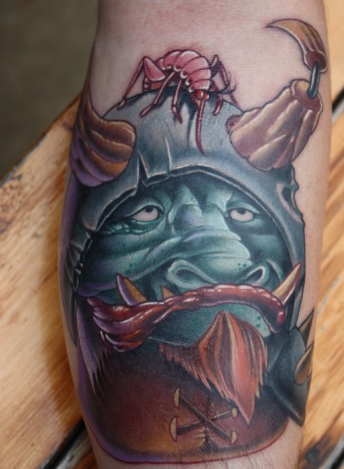 Colored Ink Goblin Tattoo On Sleeve