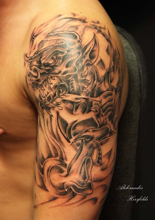 Awful Grey Ink Goblin Tattoo On Left Half Sleeve