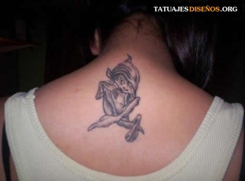 Grey Ink Goblin Tattoo On Girl Upperback
