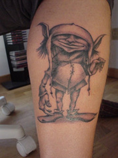 Classic Grey Ink Goblin Tattoo On Leg