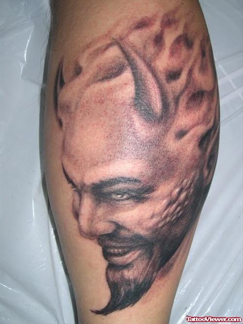 Grey Ink Devil Gothic Tattoo On Leg
