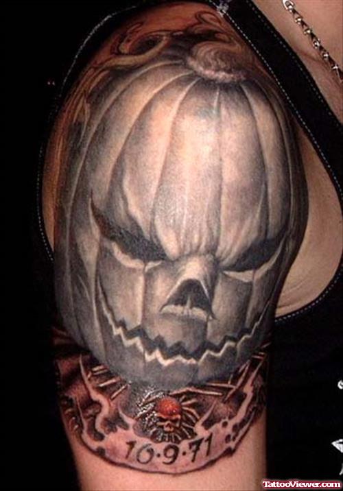 Gothic Pumpkin Tattoo On Right Shoulder