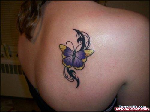 Butterfly And Gothic Tattoo On Right Back Shoulder