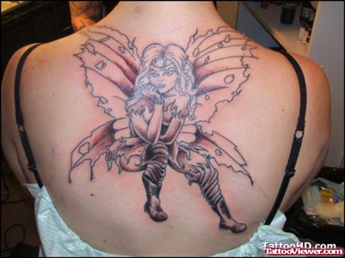 Grey Ink Gothic Girl Tattoo On Upperback