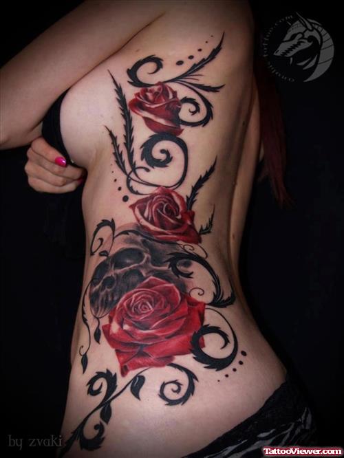 Tribal And Rose Flowers Gothic Tattoo On Side Rib