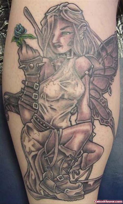Grey Ink Gothic Girl Tattoo On Arm