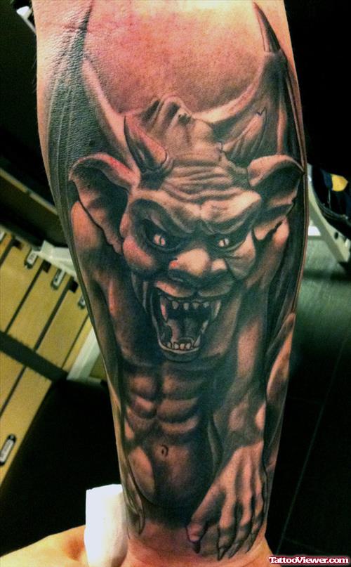 Grey Ink Gothic Gargoyle Tattoo On Sleeve
