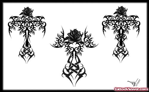 Gothic Tribal Rose And Cross Tattoo Design