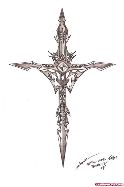 Beautiful Grey Ink Gothic Cross Tattoo Design