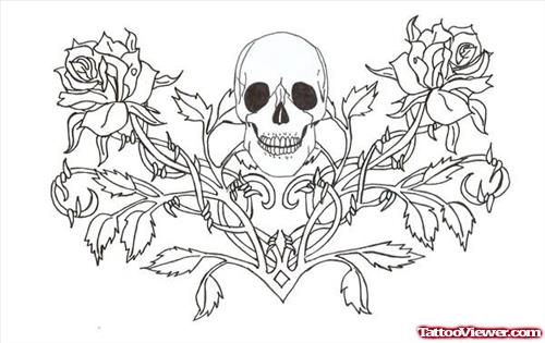 Skull and Gothic Rose Flowers Tattoos Design