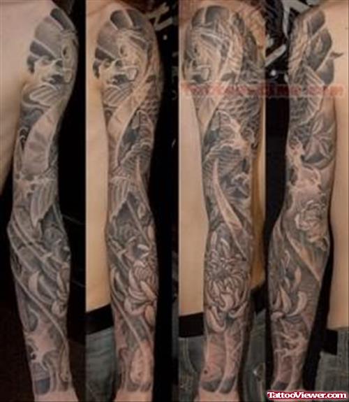 Grey Ink Japanese Gothic Tattoo On Sleeve