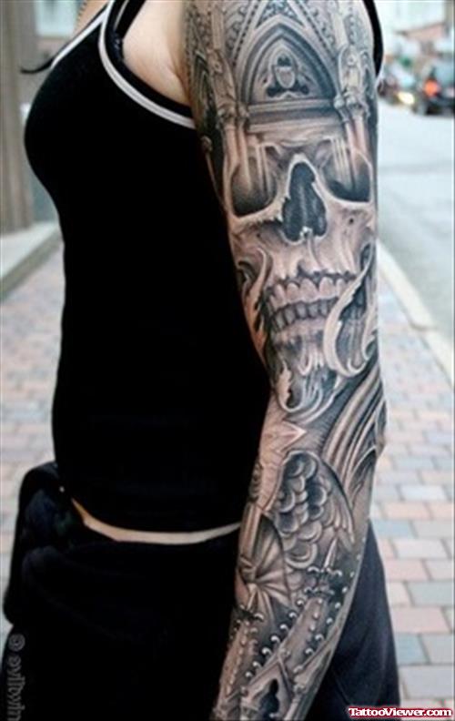 Grey Ink Gothic Tattoo On Left Full Sleeve