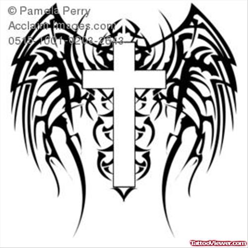 Amazing Gothic Winged Cross Tattoo Design