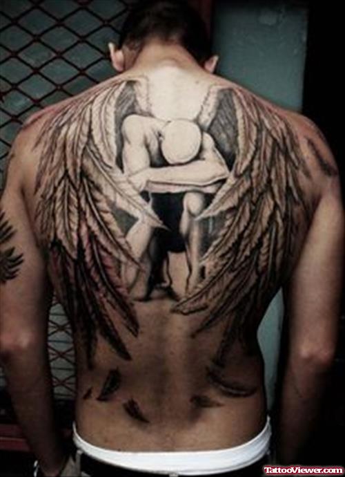 Sad Gothic Angel Tattoo On Back