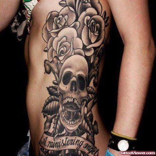 Grey Ink Skull and Rose Flowers Gothic Tattoo On Side Rib