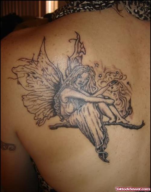 Grey Ink Gothic Fairy Tattoo On Left Back Shoulder
