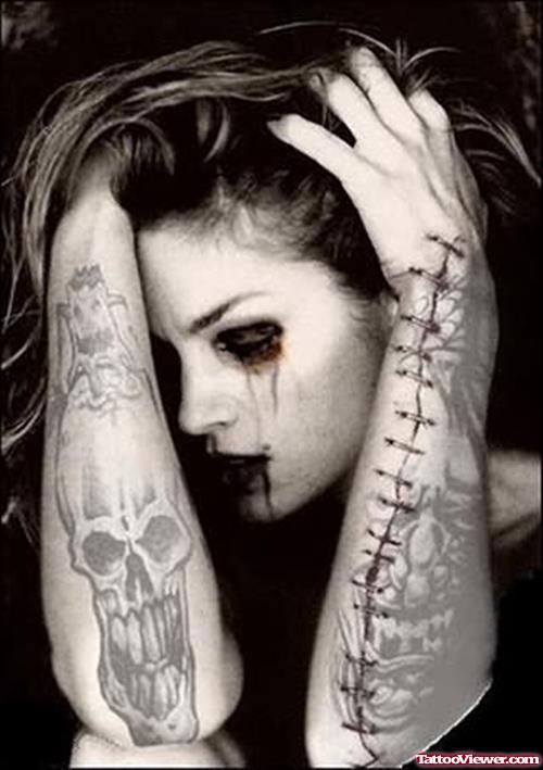 Gothic Stitches And Skull Tattoo