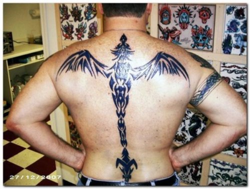Black Ink Gothic Tattoo On Man Back Body