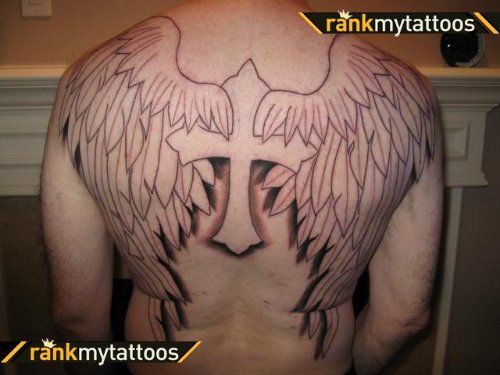 Winged Cross Gothic Tattoo On Upperback