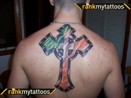Colored Gothic Cross Tattoo On Upperback