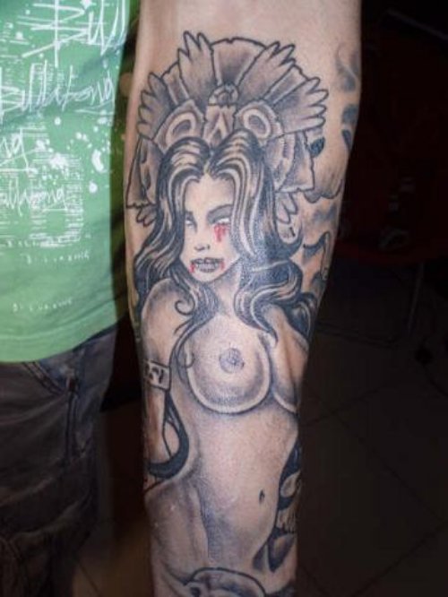 Cool Grey Ink Gothic Tattoo On Left Sleeve