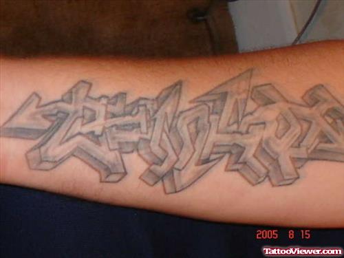 Grey Ink Graffiti Tattoo On Right Forearm