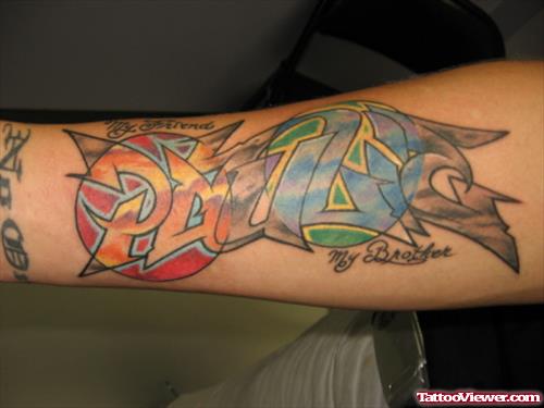 Colored Graffiti Tattoo On Sleeve