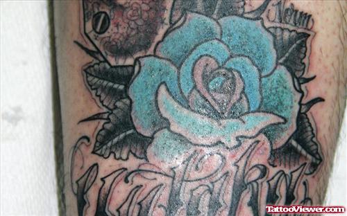 Crazy Blue Ink Graffiti Tattoo On Sleeve