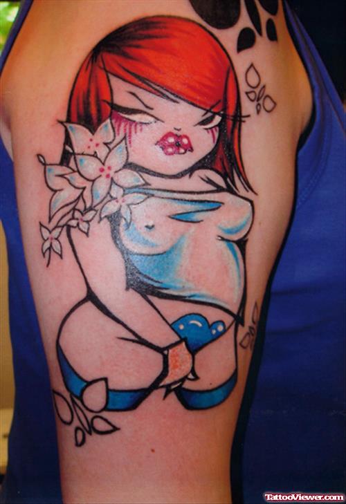 Color Flowers and Graffiti Girl Tattoo