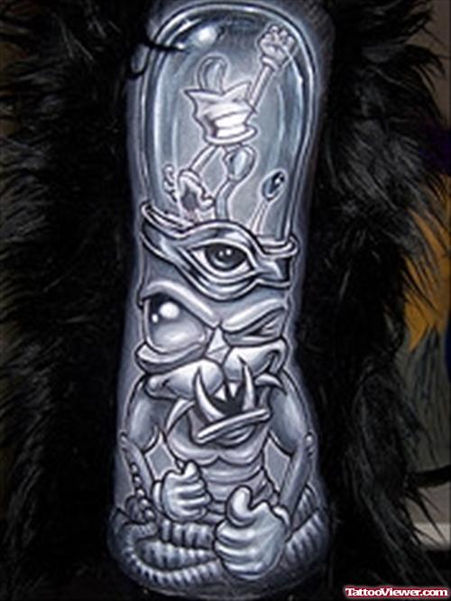 Grey Ink Custom Graffiti Tattoo On Sleeve