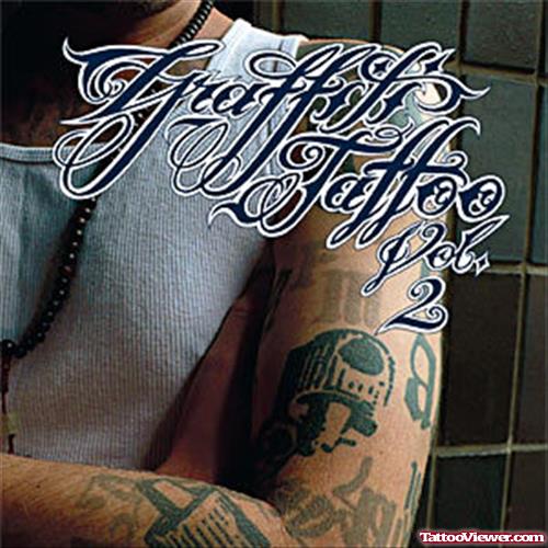 Awesome Grey Ink Graffiti Tattoo On Left Sleeve