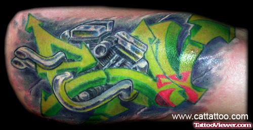 Classic Green Ink Graffiti Tattoo On Sleeve
