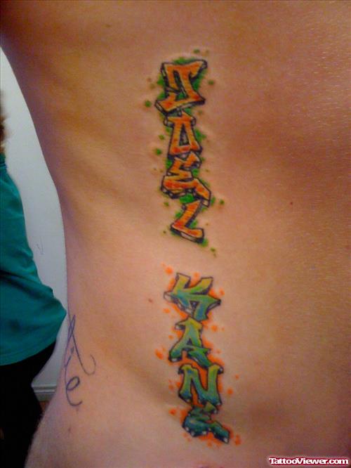 Green Ink Graffiti Tattoo On Right Side Rib