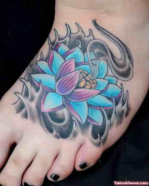 Blue Lotus Flower Graffiti Tattoo On Left Foot