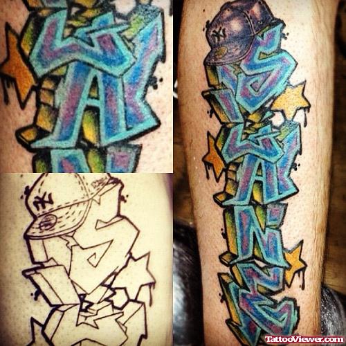 Best Blue Ink Graffiti Tattoo On Sleeve