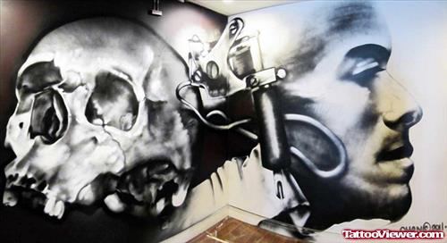 Amazing Grey Ink Skull Graffiti Tattoo Design