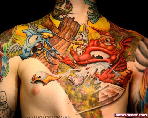 Color Ink Graffiti Tattoo On Man Chest