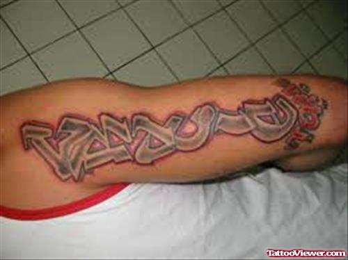 Amazing Grey Ink Graffiti Tattoo On Right Sleeve