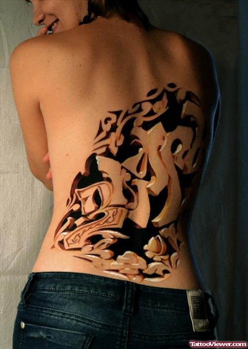Graffiti Tattoo On Girl Back Body