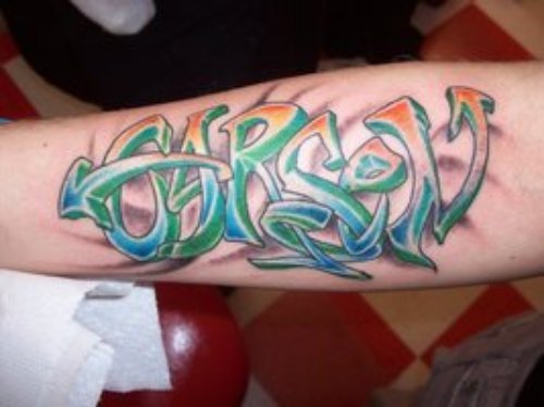 Color Ink Graffiti Name Tattoo On Sleeve