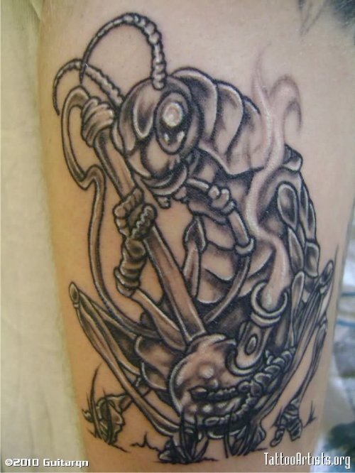 Grey Ink Anchor And Grasshopper Tattoo On Leg