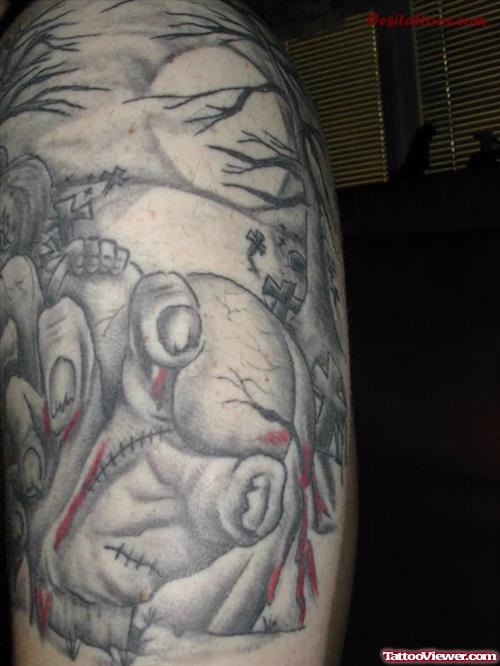 Grey Ink Graveyard Tattoo On Left Shoulder
