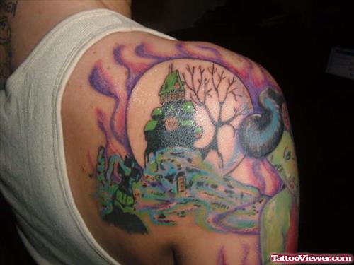 Color Ink Graveyard Tattoo On Right SHoulder