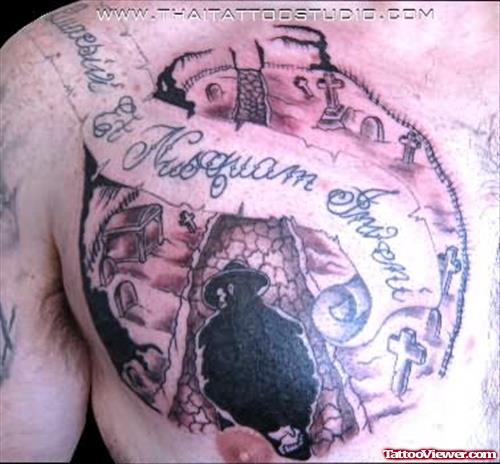 Amazing Grey Ink Graveyard Tattoo On Man Chest
