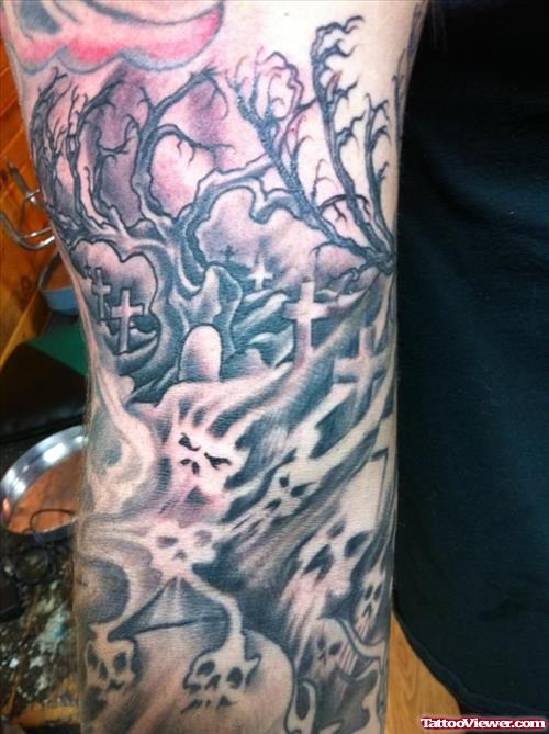 Wonderful Grey Ink Graveyard Tattoo On Sleeve