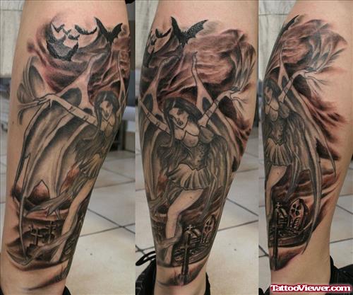 Grey Ink Graveyard Tattoo On Leg