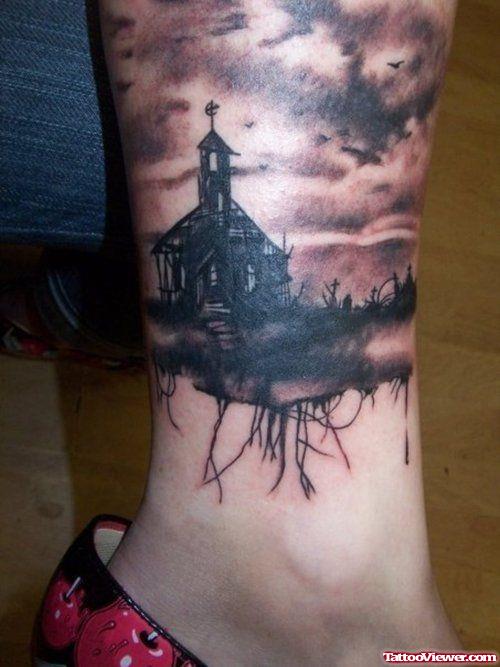 Dark Ink Graveyard Tattoo On Leg