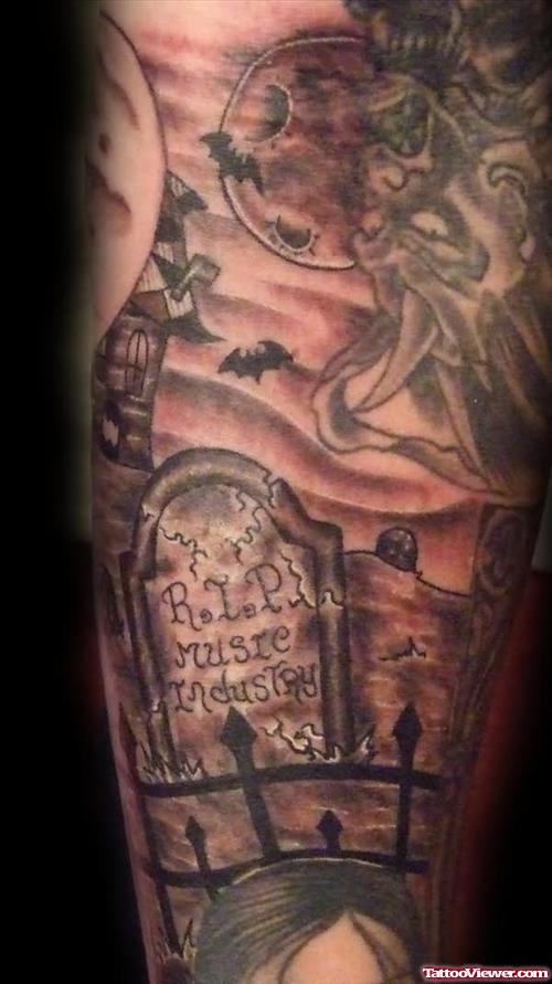 Beautiful Grey Ink Graveyard Tattoo